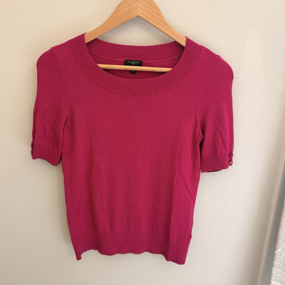 Talbots Petite Hot Pink Knit Blouse Button Detail Sleeve Work Career Office